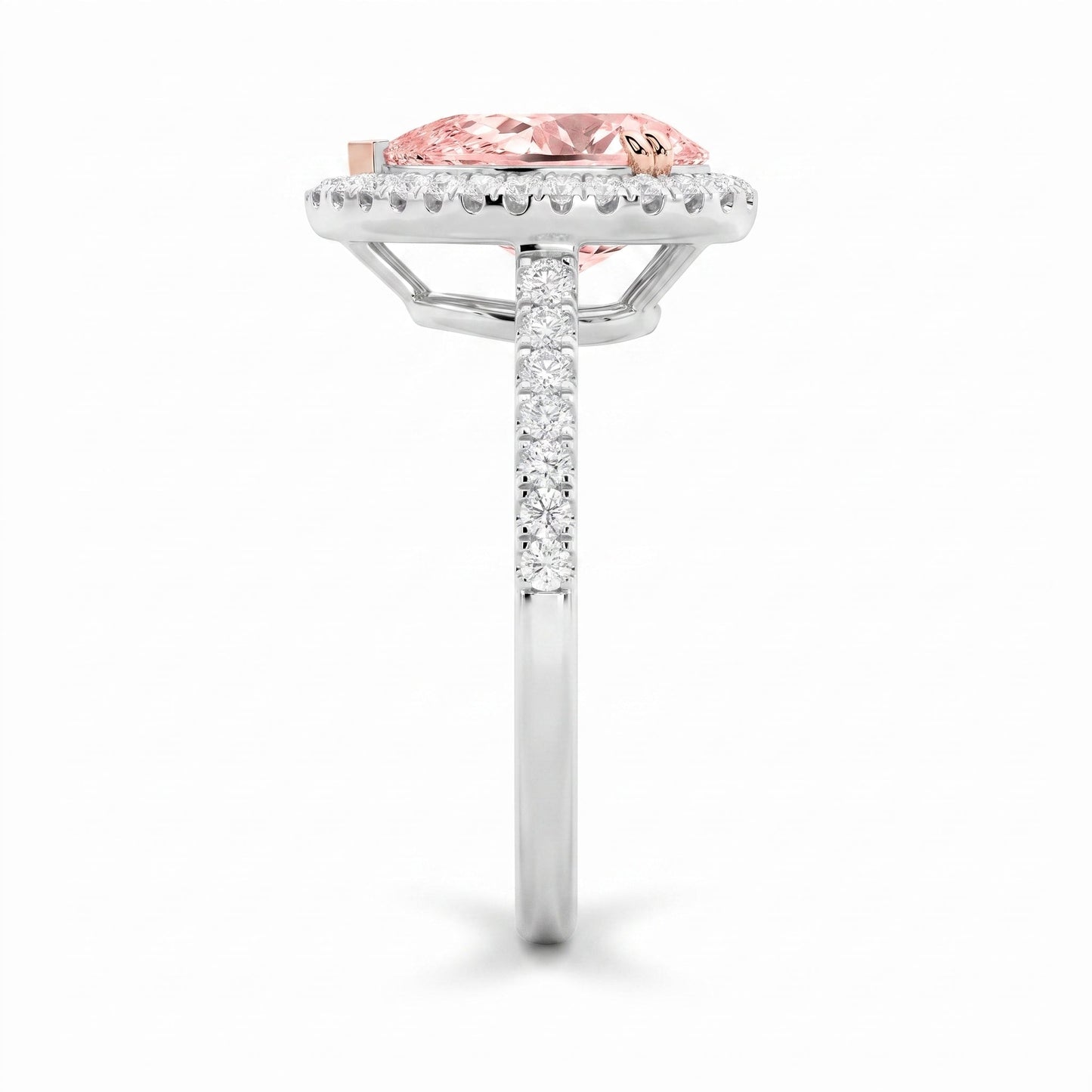 3Cttw Pear Shaped Pink Lab Grown Diamond (F/VS) Bold Accented Halo Engagement Ring in 14K Gold