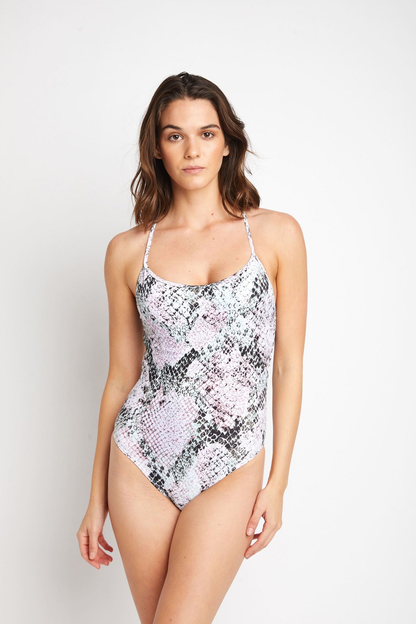 Marina West Tie Back One Piece Swimsuit (F1701) - White Green Snake