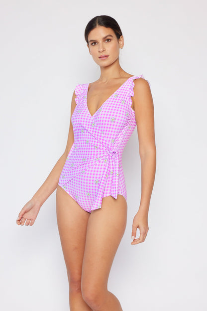 Marina West V-Neck Shoulder Ruffle One Piece Swimsuit (F1802) - Gingham Daisy Berry