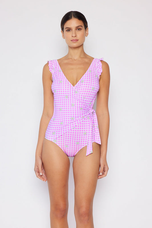 Marina West V-Neck Shoulder Ruffle One Piece Swimsuit (F1802) - Gingham Daisy Berry
