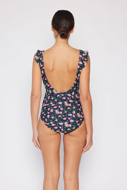 Marina West V-Neck Shoulder Ruffle One Piece Swimsuit (F1802) - Roses Black