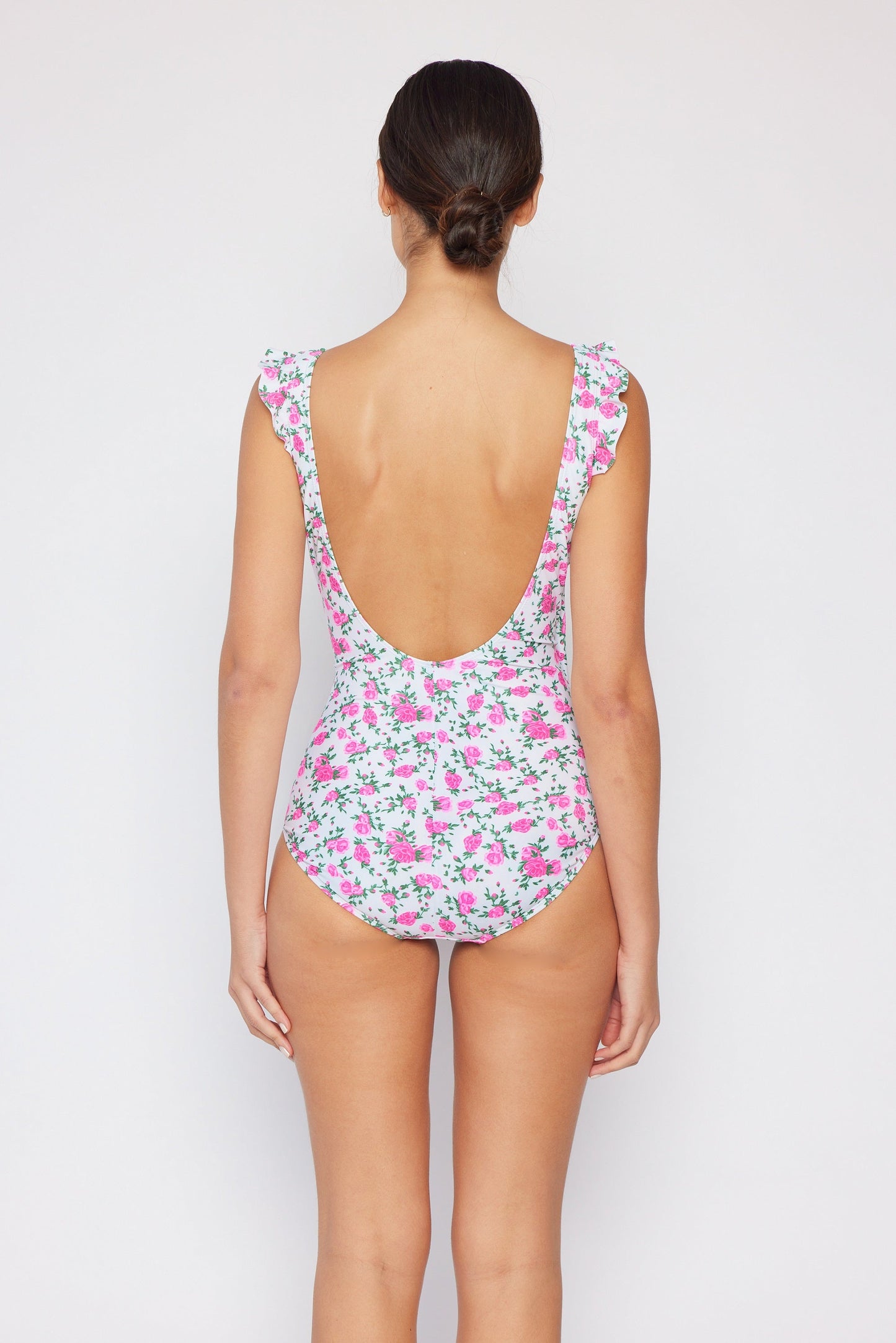 Marina West Ruffle Shoulder V-Neck One Piece Swimsuit (F1802) - Roses Off-White