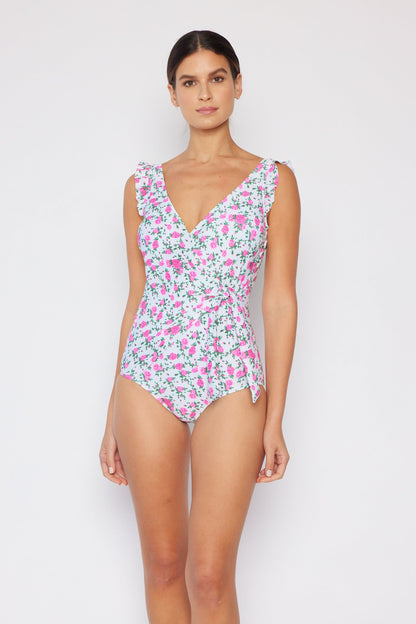 Marina West Ruffle Shoulder V-Neck One Piece Swimsuit (F1802) - Roses Off-White