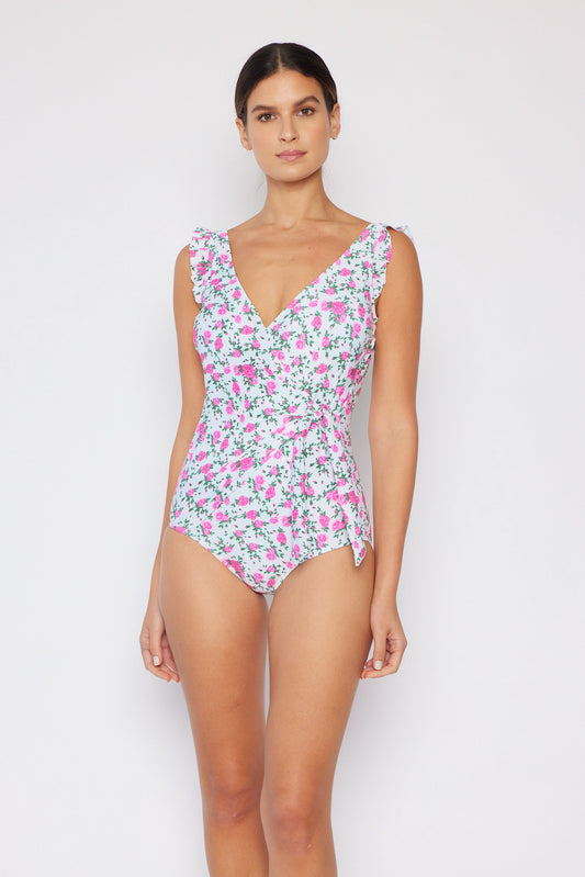 Marina West Ruffle Shoulder V-Neck One Piece Swimsuit (F1802) - Roses Off-White