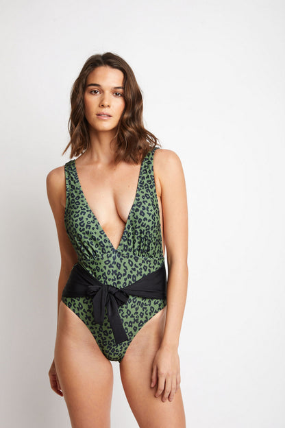 Marina West V-Neck Tie Front One Piece Swimsuit (F1811) - Olive Green Leo