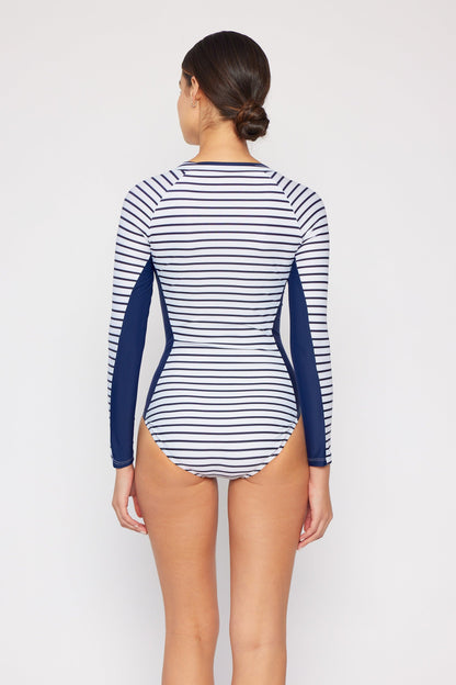 Marina West Long Sleeve Rashguard One Piece Swimsuit (F1814) - Navy White Stripe