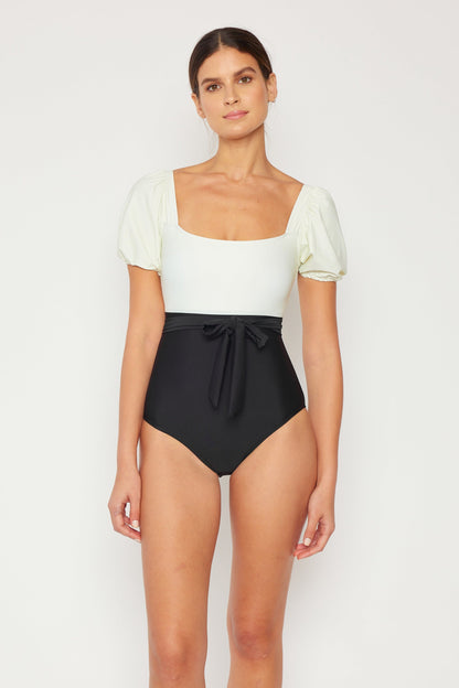 Marina West Puff Sleeve One Piece Swimsuit (F1816) - Cream Black