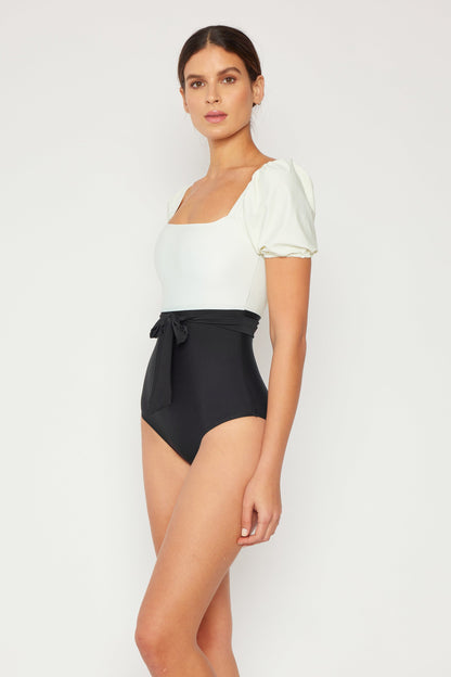 Marina West Puff Sleeve One Piece Swimsuit (F1816) - Cream Black