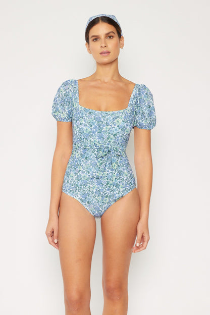 Marina West Puff Sleeve One Piece Swimsuit (F1816) - Small Flower Blue