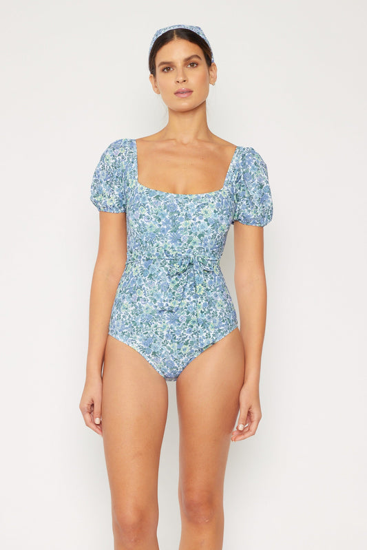 Marina West Puff Sleeve One Piece Swimsuit (F1816) - Small Flower Blue