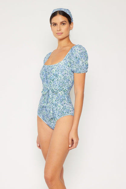 Marina West Puff Sleeve One Piece Swimsuit (F1816) - Small Flower Blue