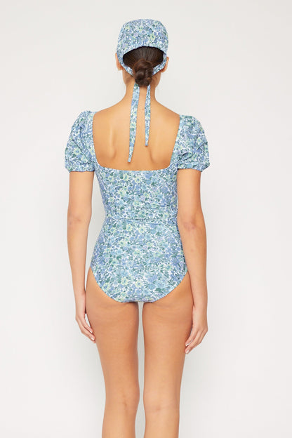 Marina West Puff Sleeve One Piece Swimsuit (F1816) - Small Flower Blue