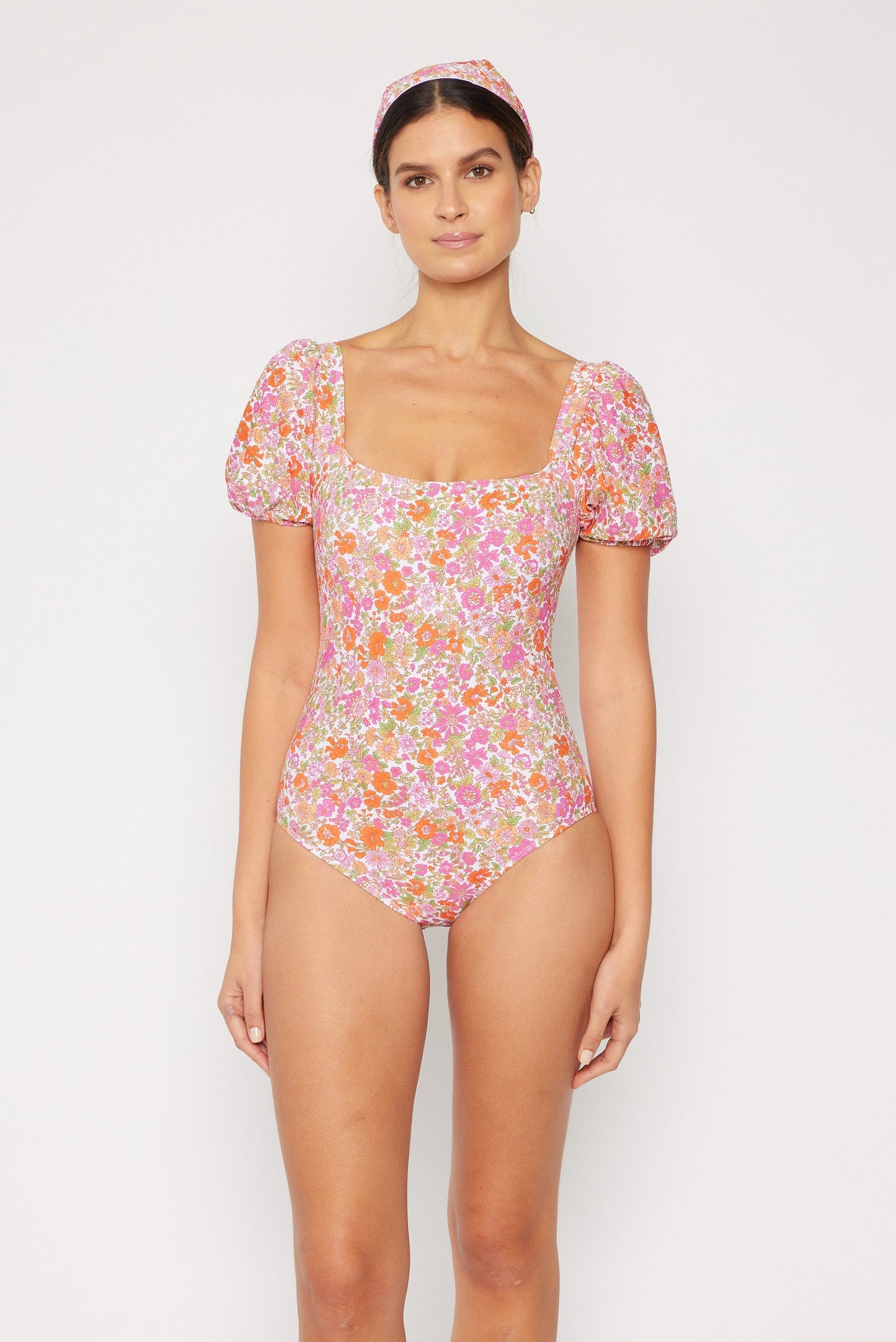 Marina West Puff Sleeve One Piece Swimsuit (F1816) - Small Flower Pink