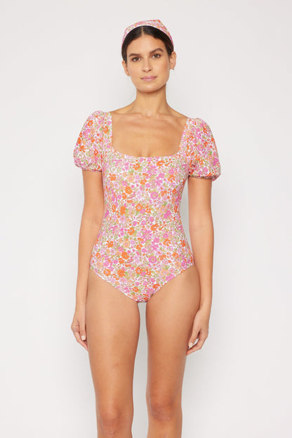 Marina West Puff Sleeve One Piece Swimsuit (F1816) - Small Flower Pink