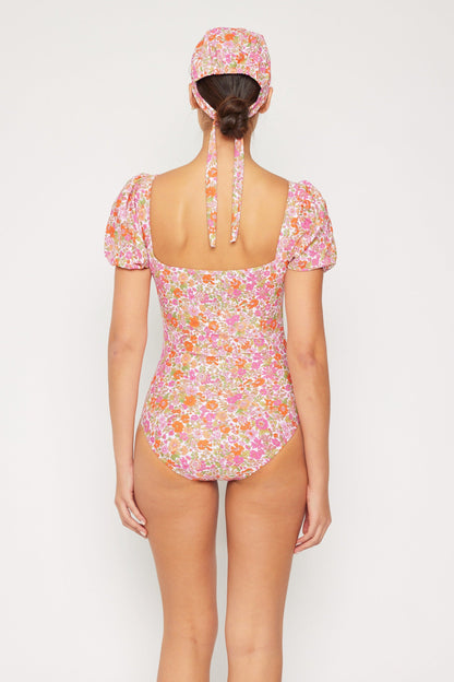 Marina West Puff Sleeve One Piece Swimsuit (F1816) - Small Flower Pink