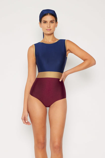 Marina West High Neck Swimsuit with Skirt Set (F1825) - Shine Navy