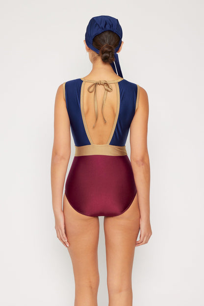 Marina West High Neck Swimsuit with Skirt Set (F1825) - Shine Navy
