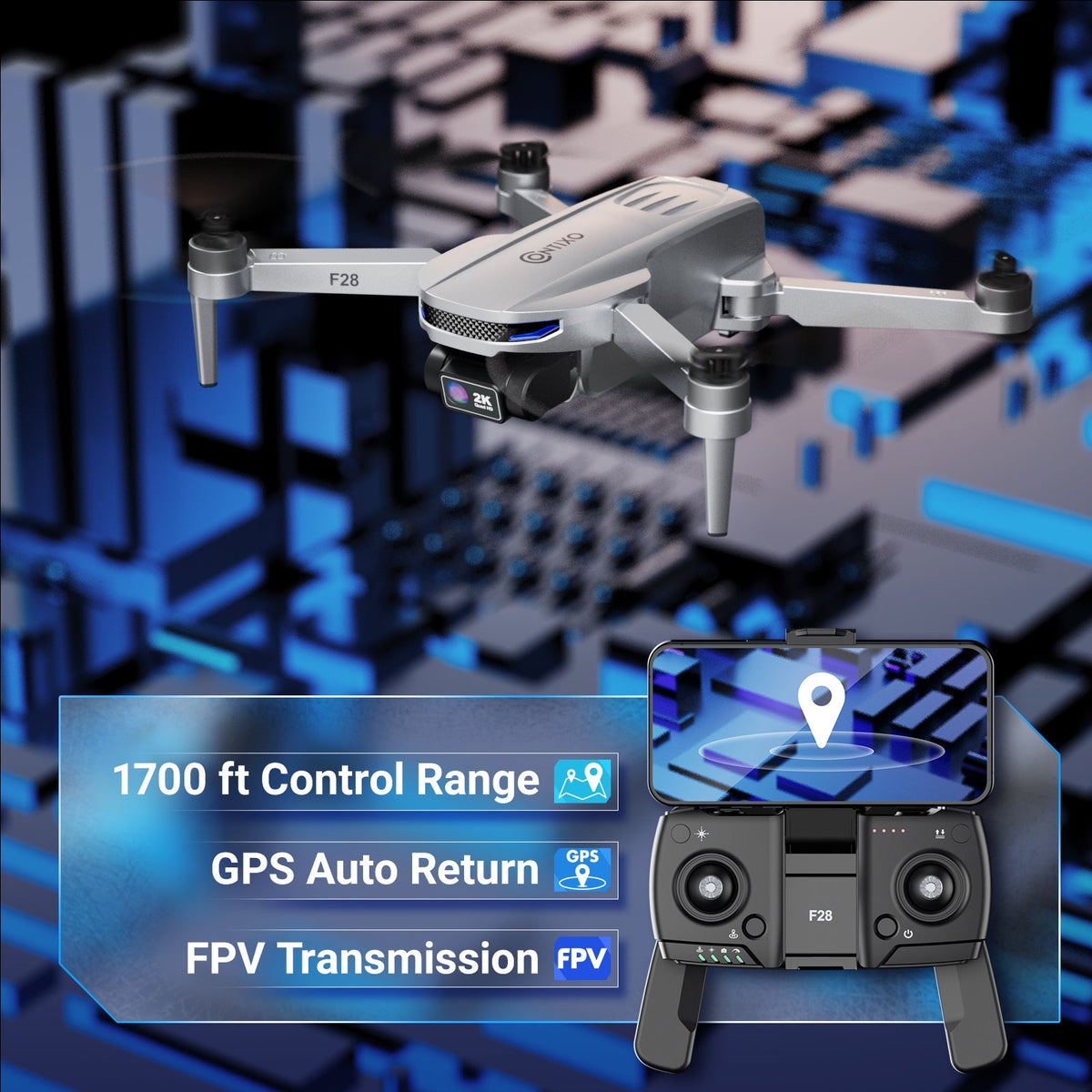 Contixo F28 Foldable Drone With 2K FHD Camera and Carrying Case