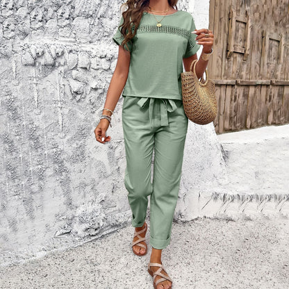 Women’s Spring and Summer Temperament Casual Short Sleeved Top and Pants Set