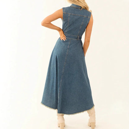 Women's Sleeveless Denim Midi Dress – Irregular Hem Button-Front