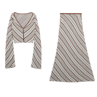 Spring/Summer Women's Striped Knit Top High Waist Skirt Suit