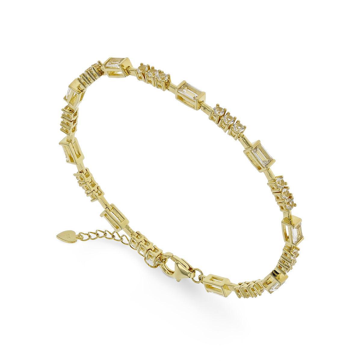 Baguette White Topaz  Prong 14k Yellow Gold Plated Silver Link Bracelet