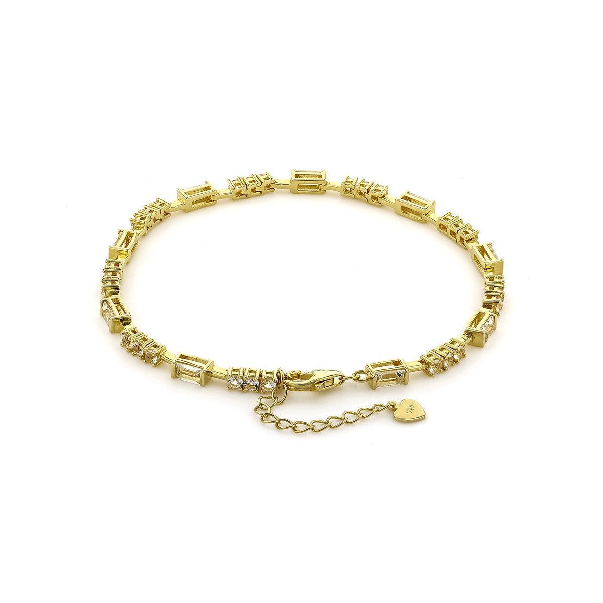 Baguette White Topaz  Prong 14k Yellow Gold Plated Silver Link Bracelet