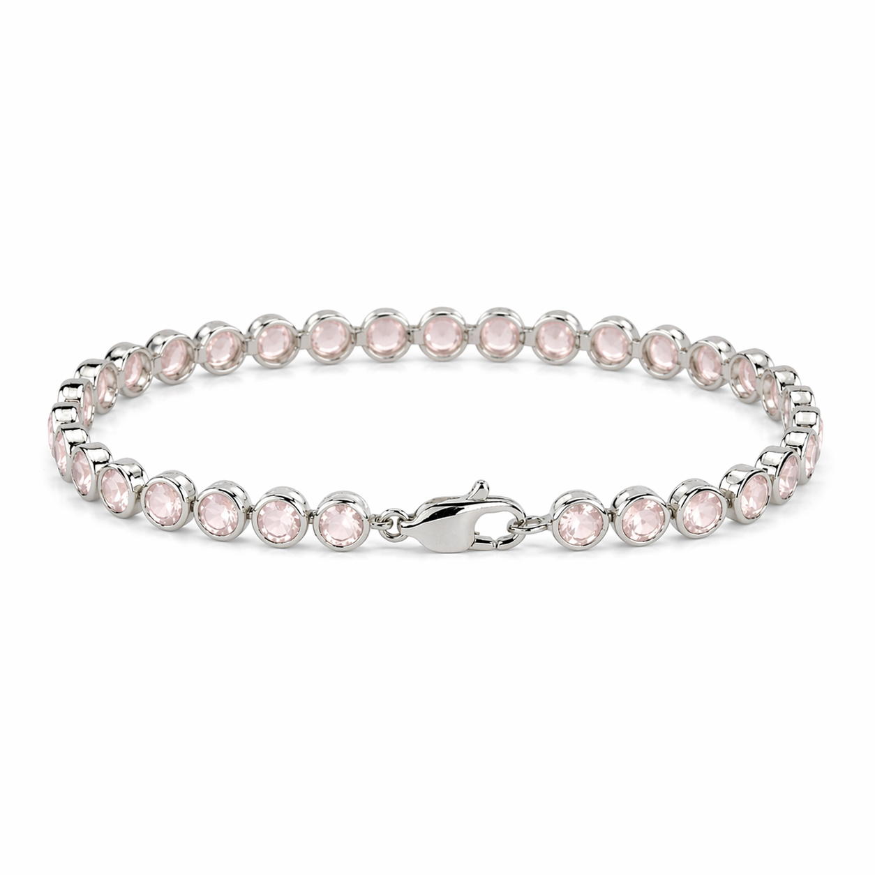 8.12 Ct Round Pink Rose Quartz Bezel Sterling Silver Inline Lobster Clasp Tennis Bracelet