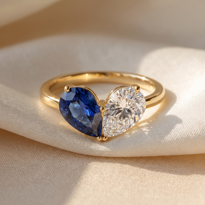 3.26 Cttw Pear Emerald, Ruby, Sapphire and Lab Diamond 14K Yellow Gold Toi et Moi Heart Ring