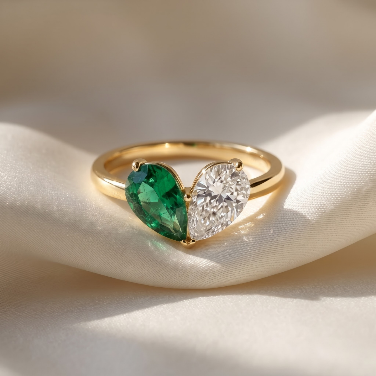 3.26 Cttw Pear Emerald, Ruby, Sapphire and Lab Diamond 14K Yellow Gold Toi et Moi Heart Ring