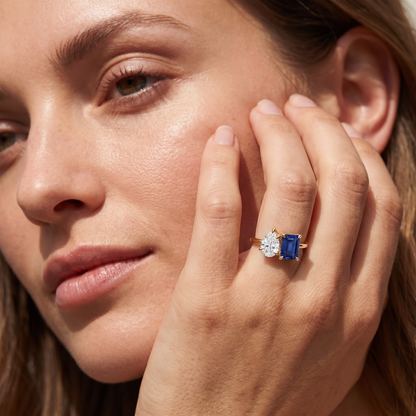 2.450 Cttw Octagon Morganite , Sapphire, Emerald and Lab Diamond 14K Yellow Gold Toi Et Moi Ring