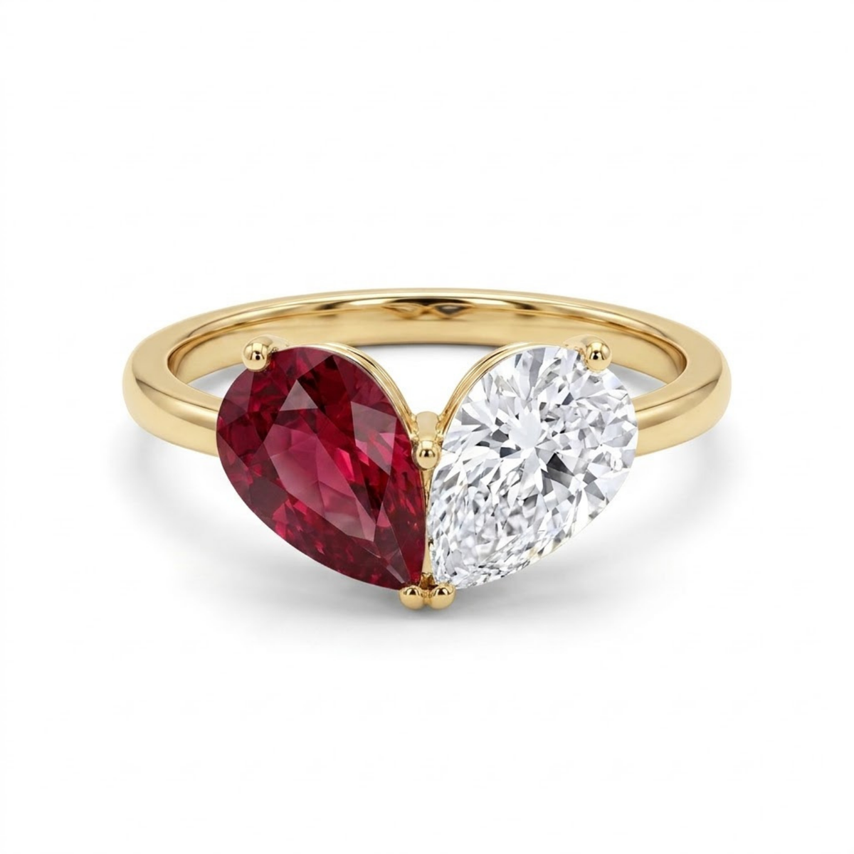 3.26 Cttw Pear Emerald, Ruby, Sapphire and Lab Diamond 14K Yellow Gold Toi et Moi Heart Ring