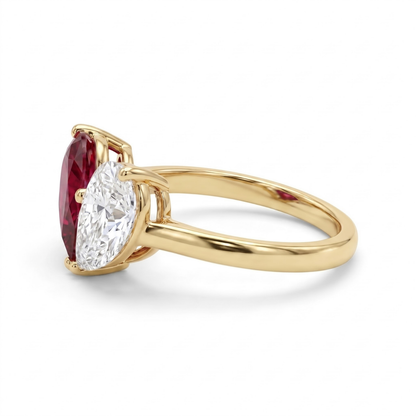 3.26 Cttw Pear Emerald, Ruby, Sapphire and Lab Diamond 14K Yellow Gold Toi et Moi Heart Ring