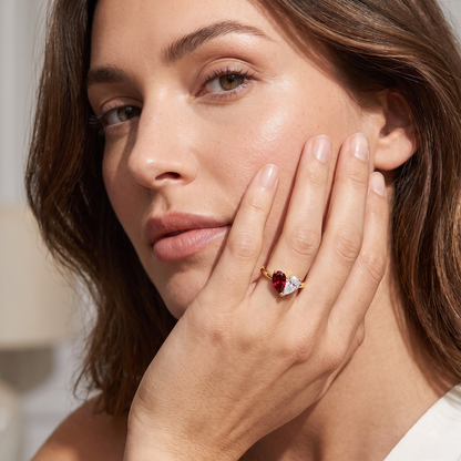 3.26 Cttw Pear Emerald, Ruby, Sapphire and Lab Diamond 14K Yellow Gold Toi et Moi Heart Ring