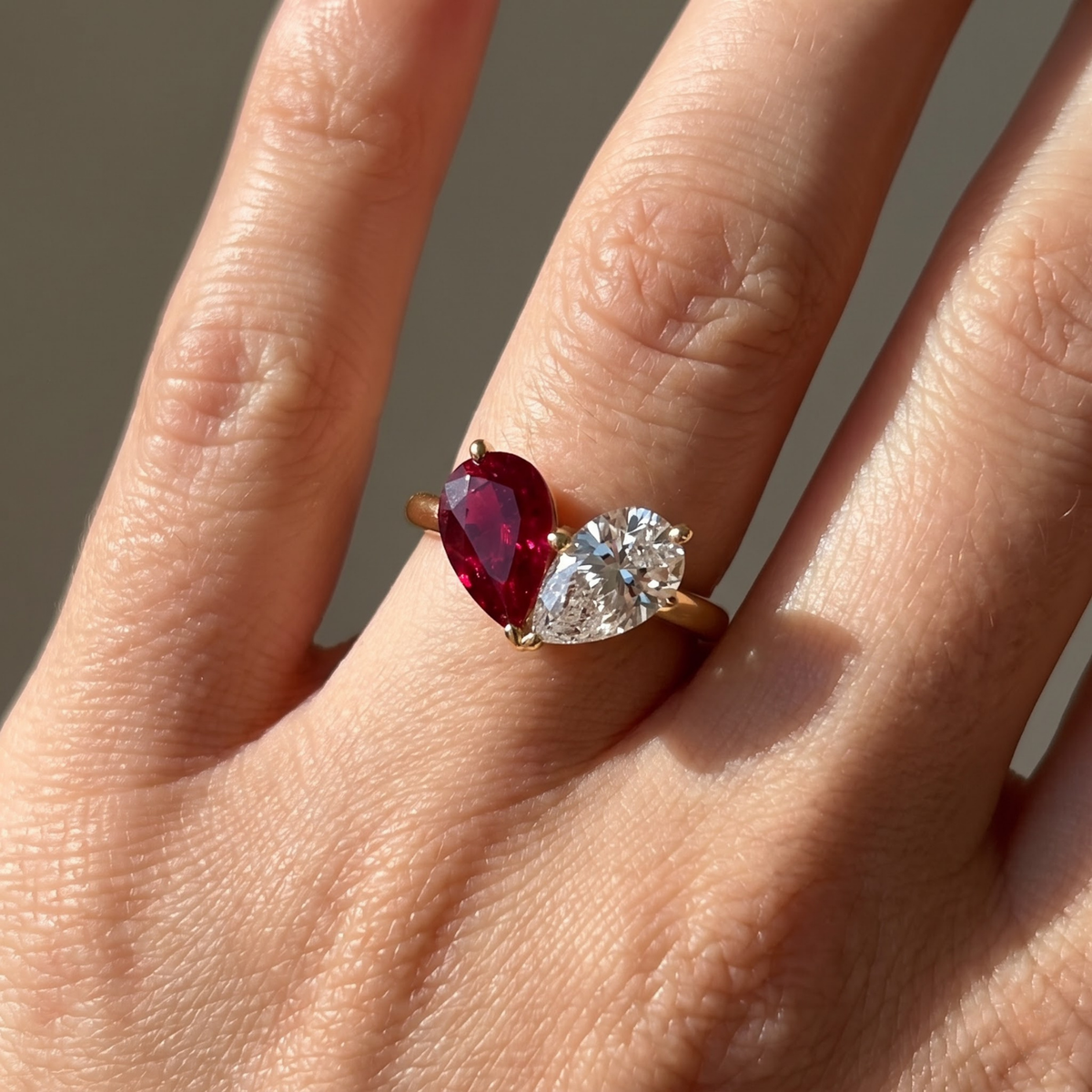 3.26 Cttw Pear Emerald, Ruby, Sapphire and Lab Diamond 14K Yellow Gold Toi et Moi Heart Ring