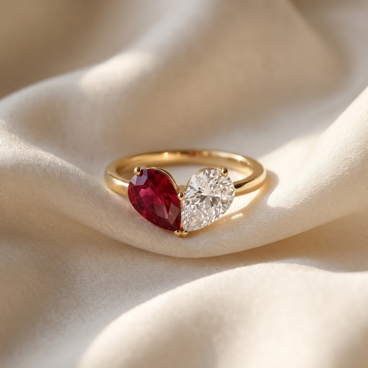3.26 Cttw Pear Emerald, Ruby, Sapphire and Lab Diamond 14K Yellow Gold Toi et Moi Heart Ring