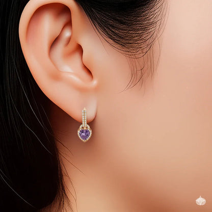 Natural Amethyst Heart Leverback Silver Drop Earrings