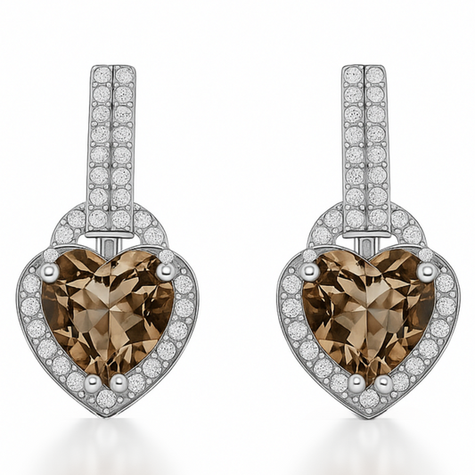 Natural Brown Quartz Heart Sterling Silver Earrings