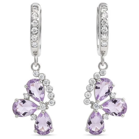 Natural Amethyst Three Stone Silver Dangle Earrings