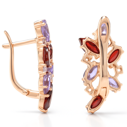 Natural Amethyst and Garnet Silver Cluster Earrings