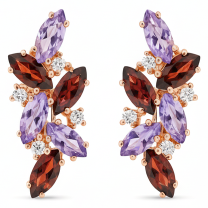 Natural Amethyst and Garnet Silver Cluster Earrings