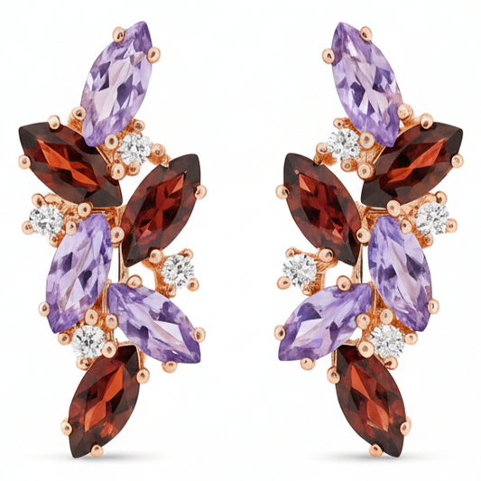 Natural Amethyst and Garnet Silver Cluster Earrings