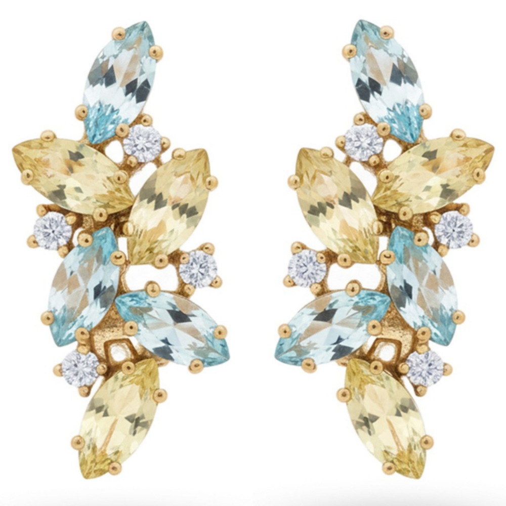 Natural Lemon Quartz and  Sky Blue Topaz Silver Cluster Earrings