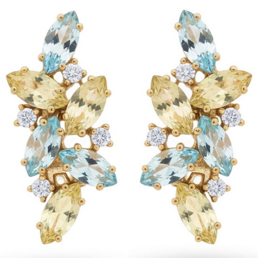 Natural Lemon Quartz and  Sky Blue Topaz Silver Cluster Earrings