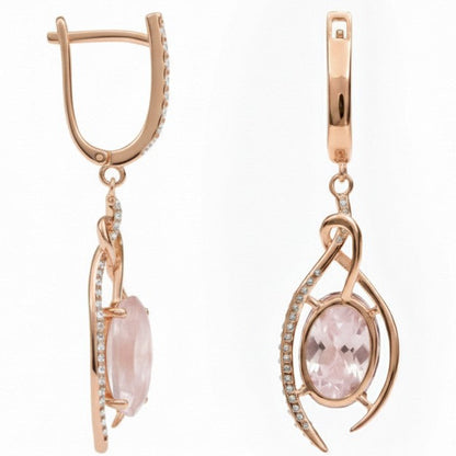 Natural Rose Quartz Rose Gold Plating Silver Drop Earrings