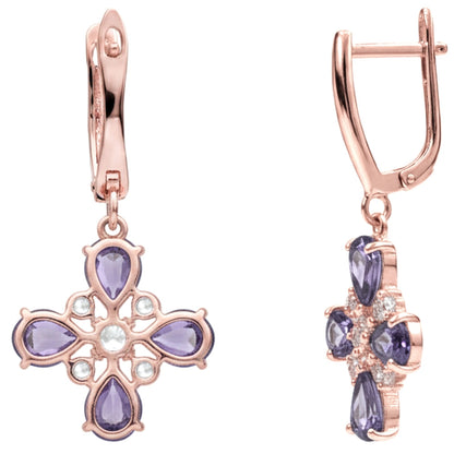 Purple Natural Amethyst Flower Silver Earrings