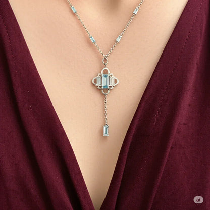 Natural Sky Blue Topaz Y Drop Necklace Silver