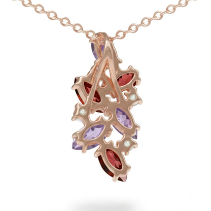 Natural Garnet & Amethyst Silver Cluster Pendant Necklace