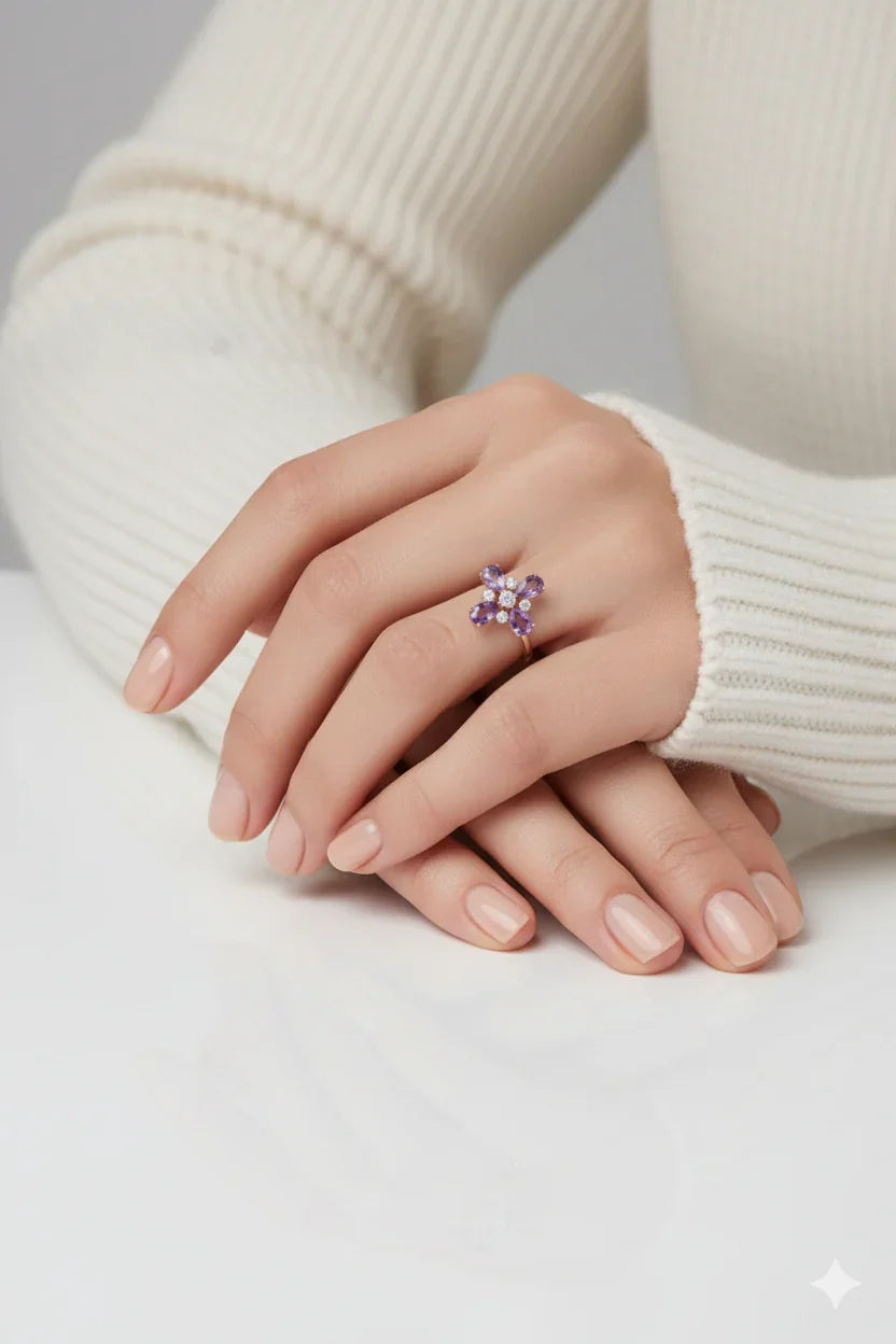 1.28 Ct Pear Purple Amethyst and White Topaz Prong Silver Four Leaf Clover Ring