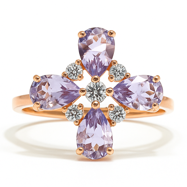 1.28 Ct Pear Purple Amethyst and White Topaz Prong Silver Four Leaf Clover Ring